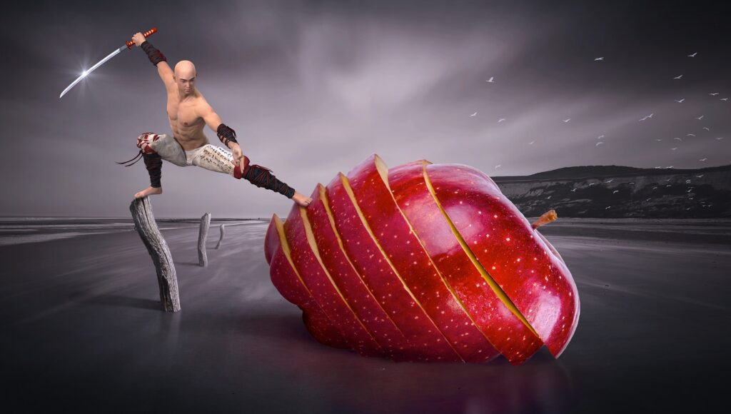 An illustration depicting a food warrior Samurai slicing a giant red apple with his sword