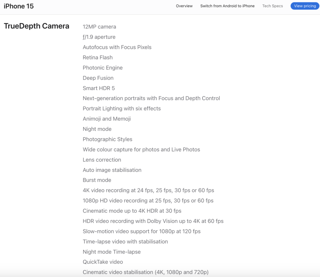 iPhone 15 True Depth Camera Specs