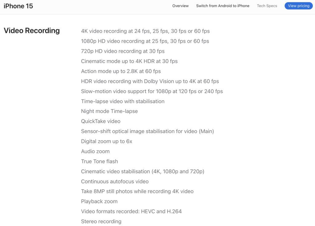 Apple iPhone 15 video cam specs