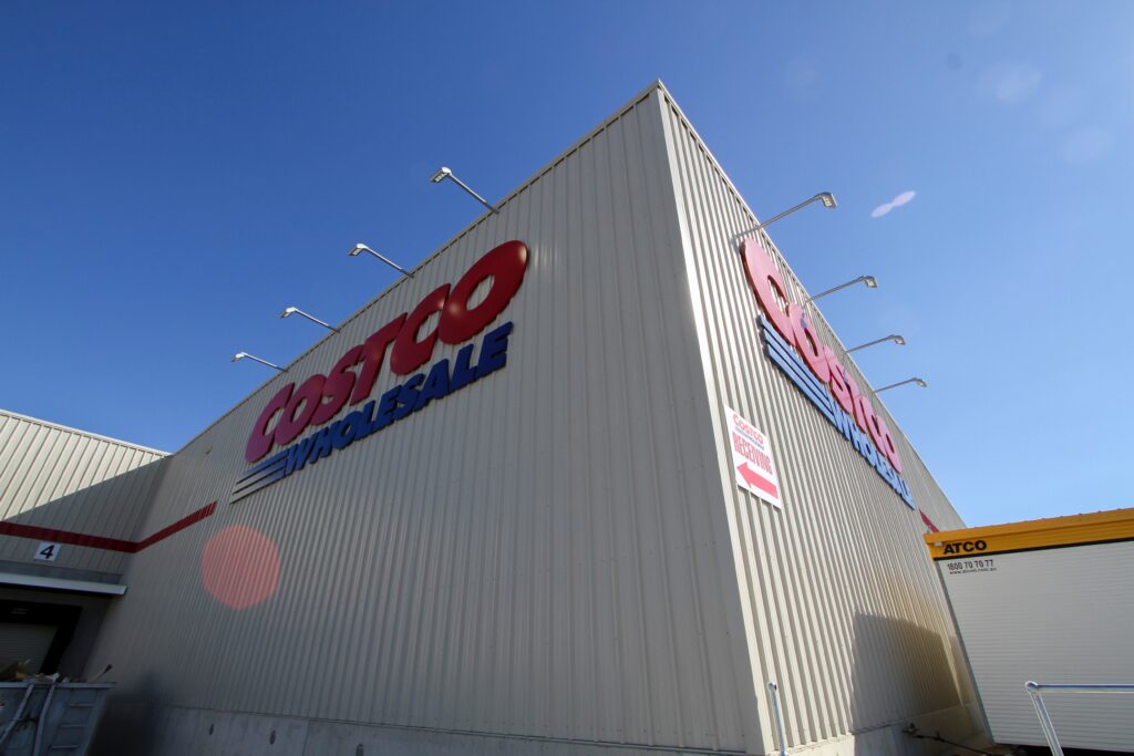 A picture of a Costco Wholesale taken from a low angle