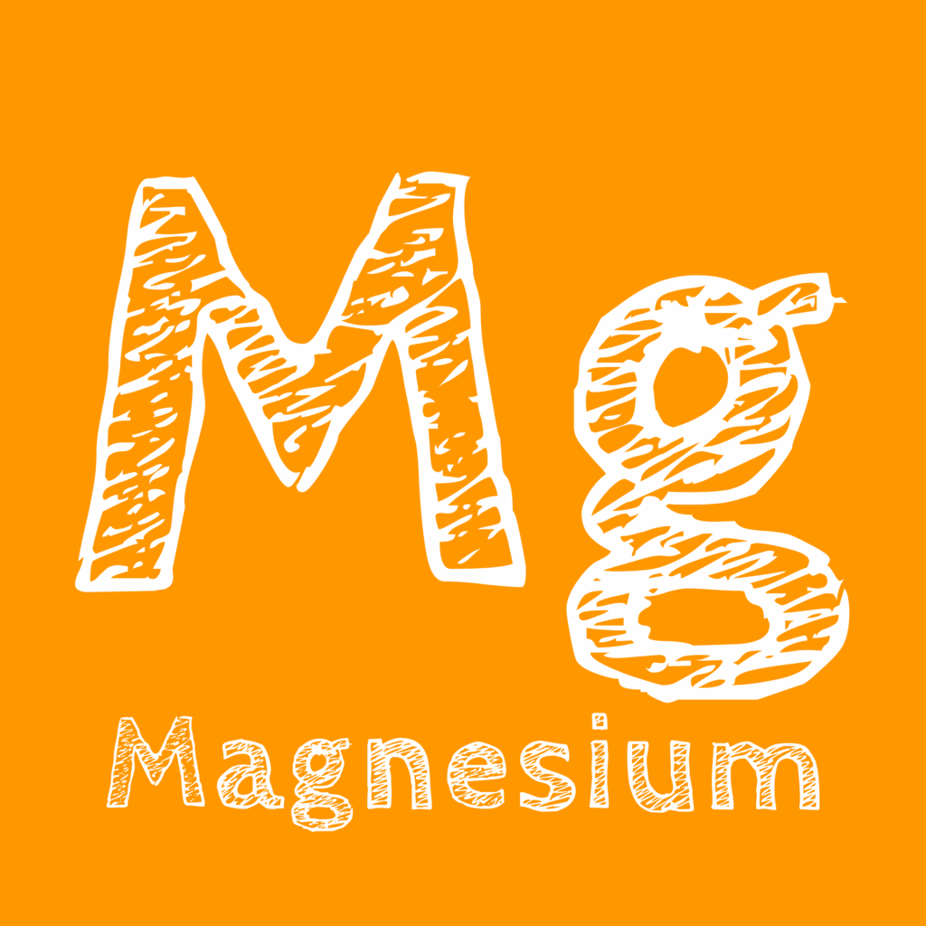 Alphabets Mg and the word magnesium on orange background