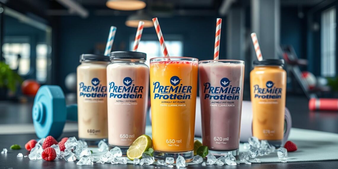 Different-flavours-of-premiere-protein-shakes-in-tall-glasses-with-a-straw-and-in-sealed-glass-containers
