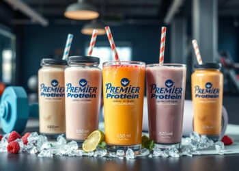 Different-flavours-of-premiere-protein-shakes-in-tall-glasses-with-a-straw-and-in-sealed-glass-containers