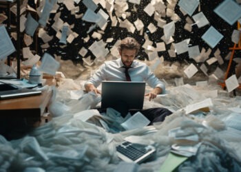 photography-of-a-surreal-scene-of-a-man-in-a-white-office-shirt-and-tie-overwhelmed-by-a-deluge-of-work-tasks-surrounded-by-floating-paperwork.