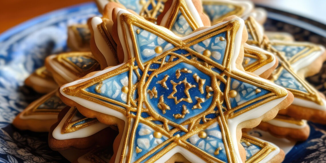 Decorative-Star-of-David-cookies-with-intricate-blue-and-gold-designs-displayed-on-a-patterned-plate-celebrating-Jewish-traditions-and-holidays-with-festive-treats.