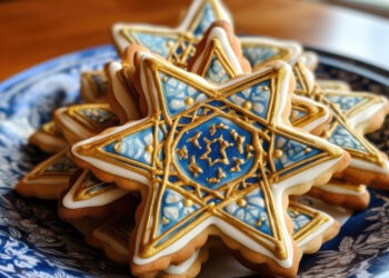 Decorative-Star-of-David-cookies-with-intricate-blue-and-gold-designs-displayed-on-a-patterned-plate-celebrating-Jewish-traditions-and-holidays-with-festive-treats.