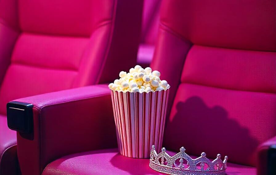 pink-cinema-seats-with-popcorn-cartridge-and-queen's-silver-crown-on-one-of-the-seats